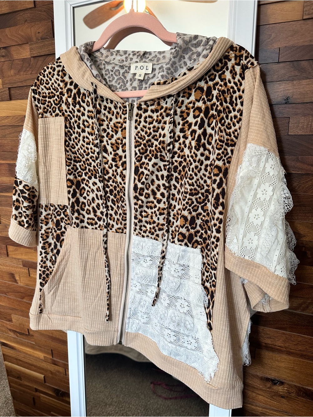 NEW🤎POL 3/4 Sleeve Lace Detail Leopard Hoodie Small Oversized